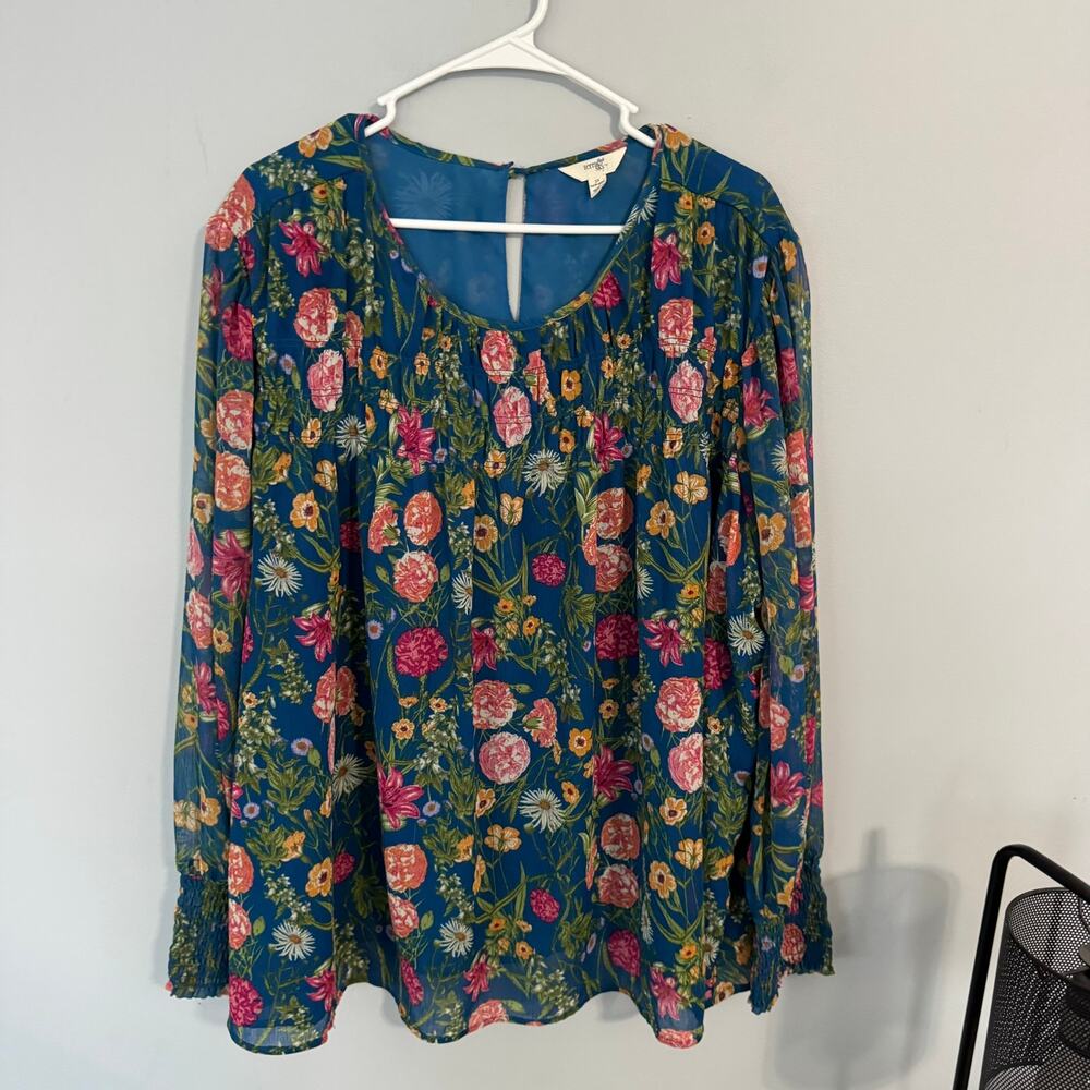Terra & Sky Blue Floral Smocked Chiffon Top Women's Plus Size 3X / 24W - 26W - Picture 2 of 10